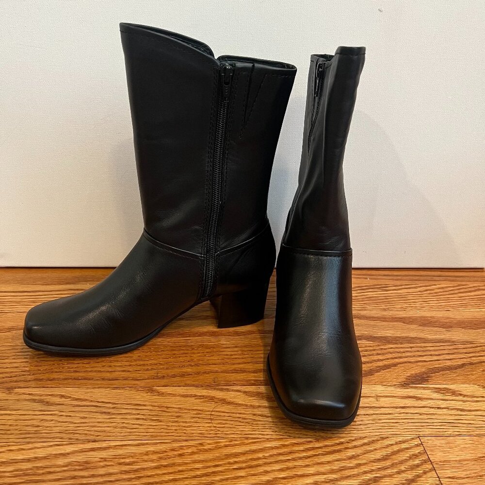 Black heeled mid calf boots